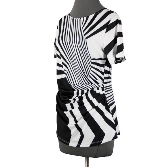 Tia Sz 8 White Black Abstract Pleated Short Sleeve Round Neck Poly Elasthan Top - Picture 1 of 16